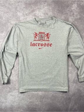 [284] Vintage Y2K Nike Lacrosse Shirt Grey Long Sleeve Graphic Logo Tee L Size